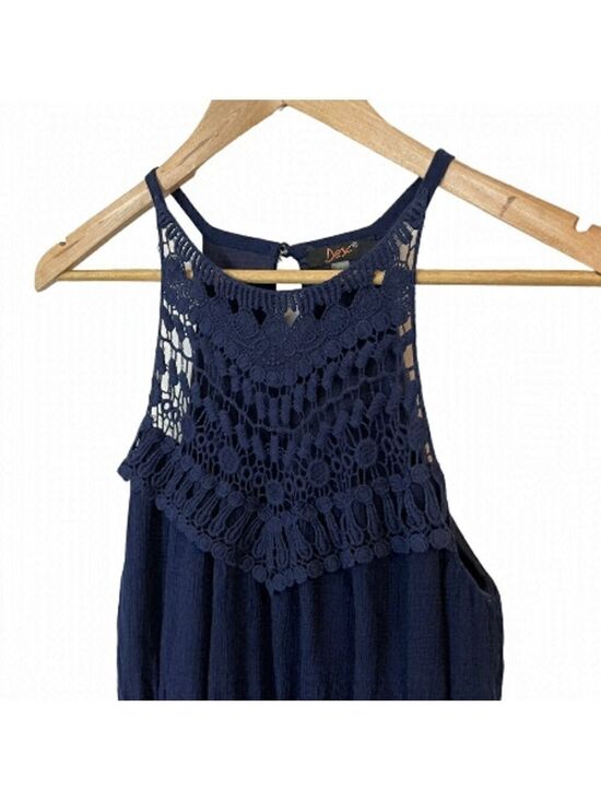 Dex Dresses & Skirts - Dex Boho Crochet Mini Dress XS Navy Blue Defined Waist Sleeveless Blouson Short